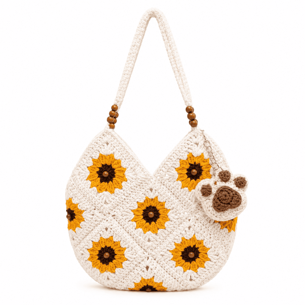 Bolso Ganchillo Girasol Granny Square | Bolso de Hombro en Lana con Perlas de Madera Mujer