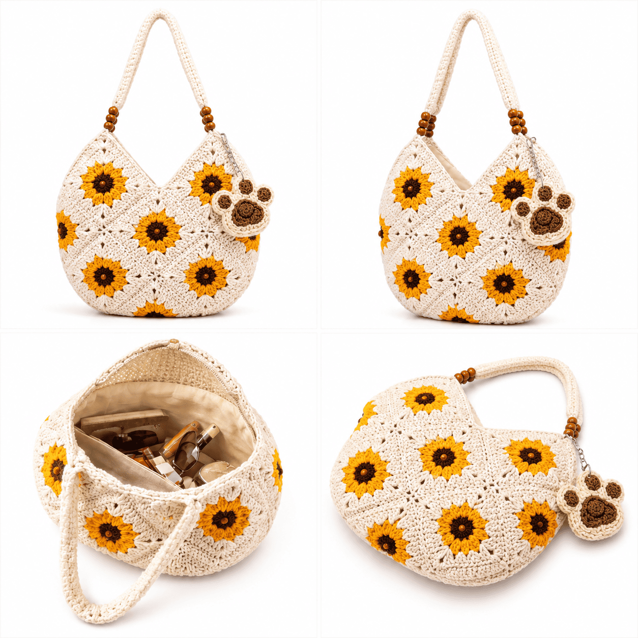 Bolso Ganchillo Girasol Granny Square | Bolso de Hombro en Lana con Perlas de Madera Mujer