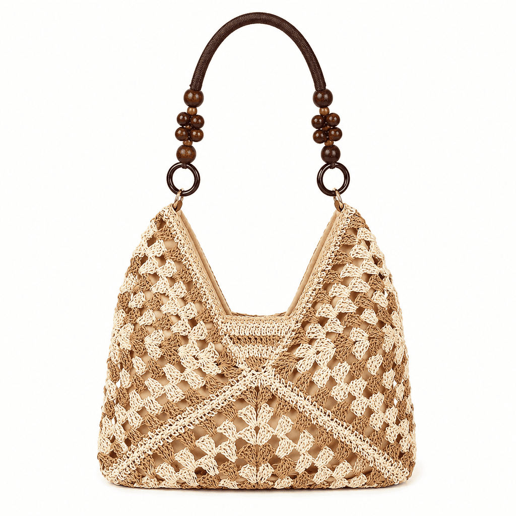 Bolso Tote Ganchillo Granny Square con Asas de Perlas de Madera | Bolso de Hombro Mujer