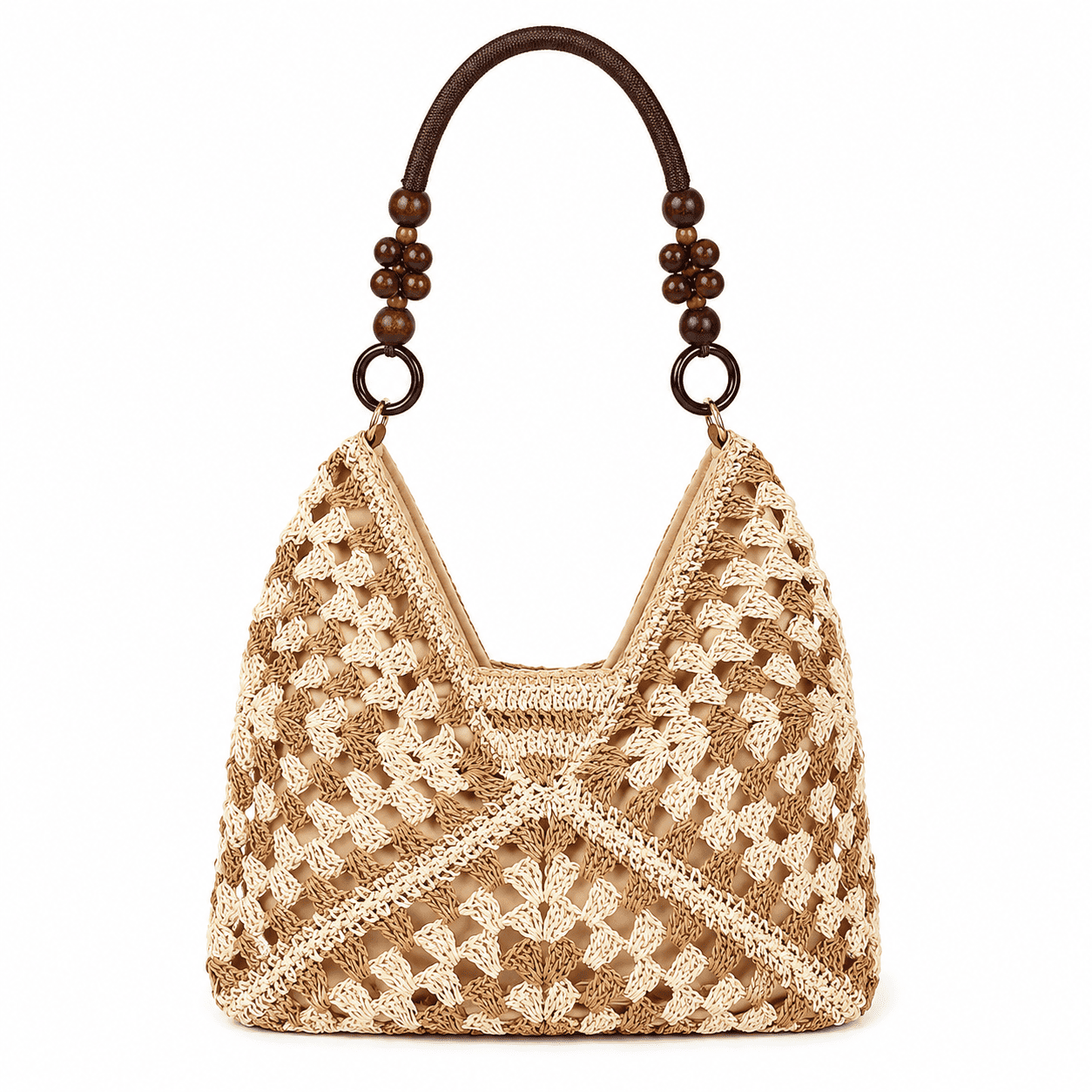 Bolso Tote Ganchillo Granny Square con Asas de Perlas de Madera | Bolso de Hombro Mujer