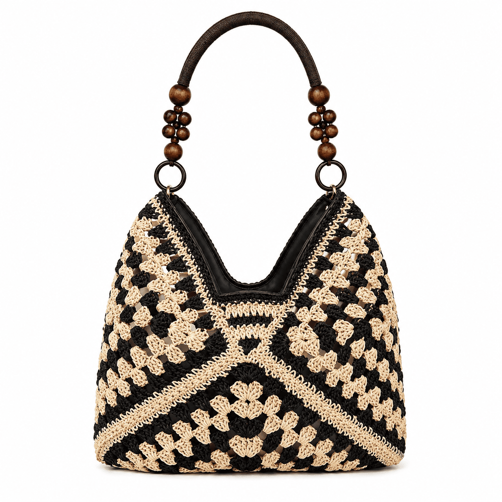 Bolso Tote Ganchillo Granny Square con Asas de Perlas de Madera | Bolso de Hombro Mujer