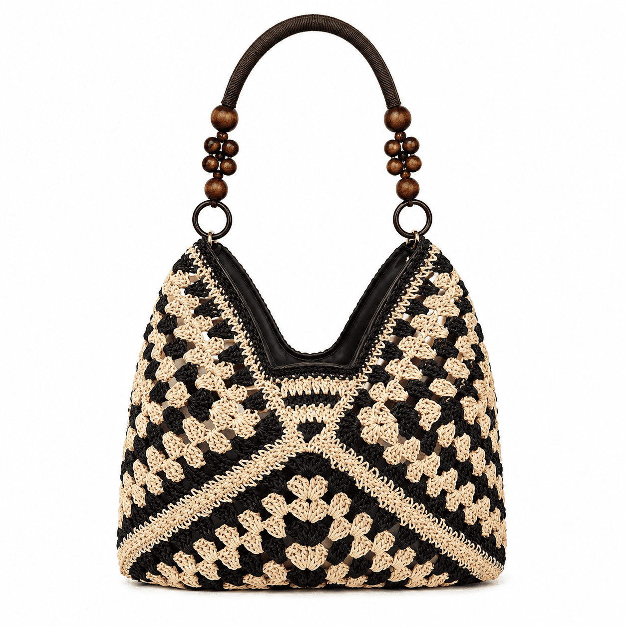 Bolso Tote Ganchillo Granny Square con Asas de Perlas de Madera | Bolso de Hombro Mujer
