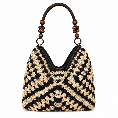 Bolso Tote Ganchillo Granny Square con Asas de Perlas de Madera | Bolso de Hombro Mujer