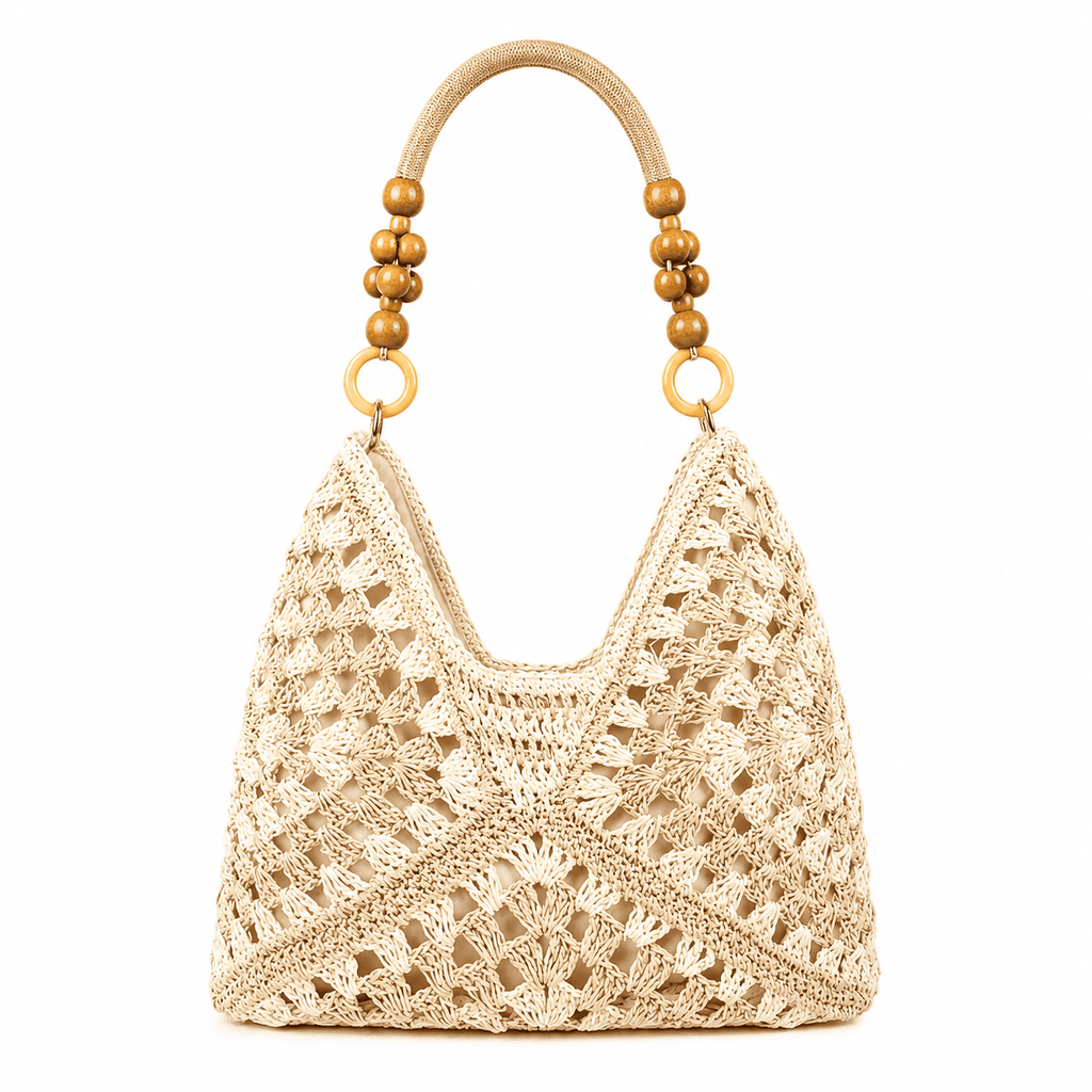 Bolso Tote Ganchillo Granny Square con Asas de Perlas de Madera | Bolso de Hombro Mujer
