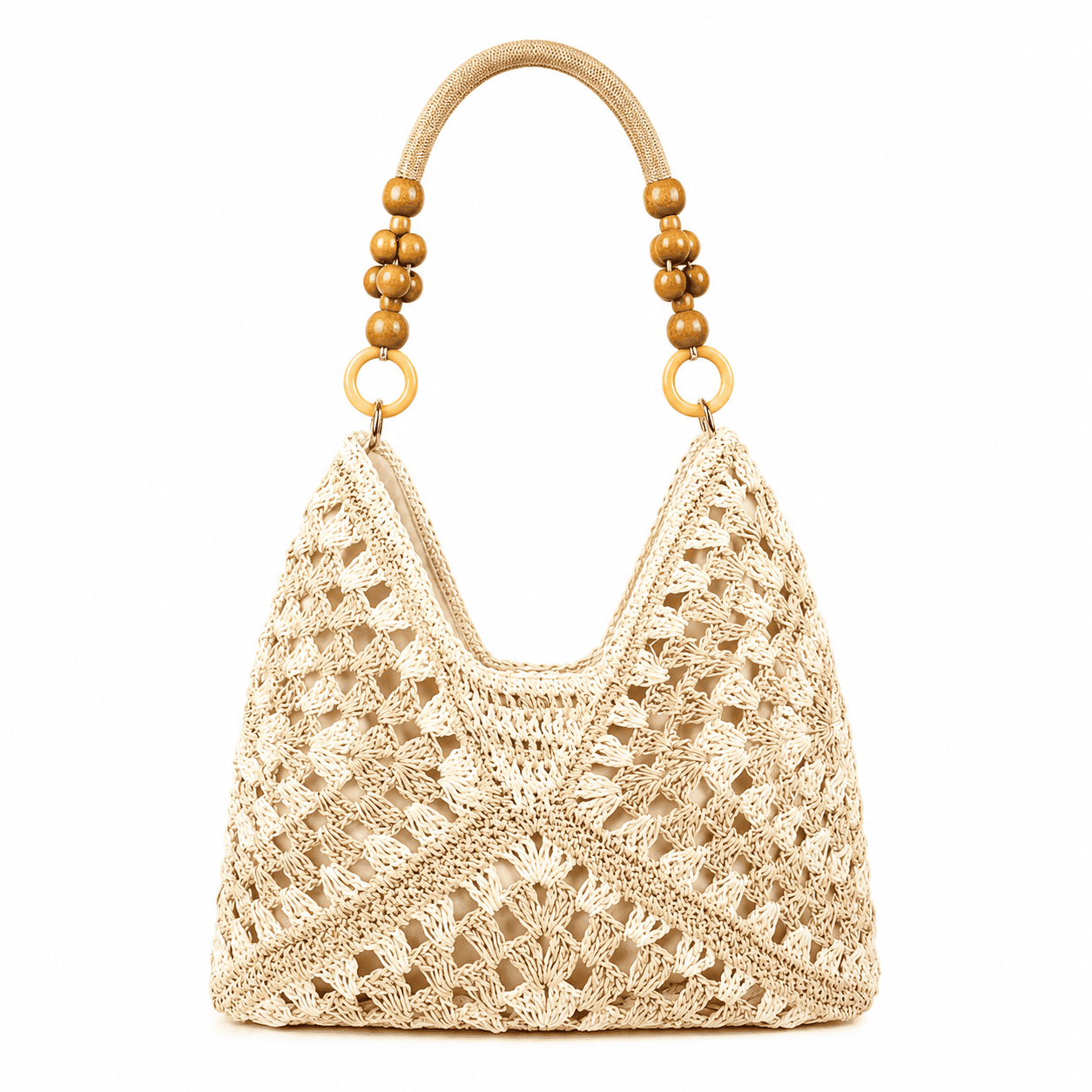 Bolso Tote Ganchillo Granny Square con Asas de Perlas de Madera | Bolso de Hombro Mujer
