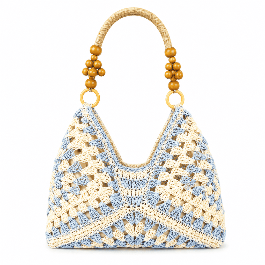 Bolso Tote Ganchillo Granny Square con Asas de Perlas de Madera | Bolso de Hombro Mujer