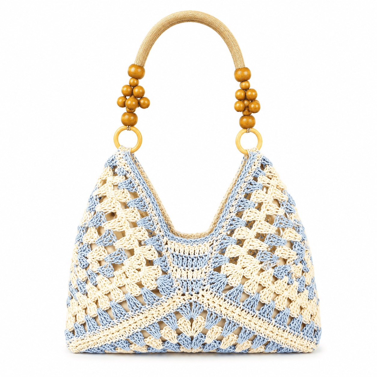 Bolso Tote Ganchillo Granny Square con Asas de Perlas de Madera | Bolso de Hombro Mujer